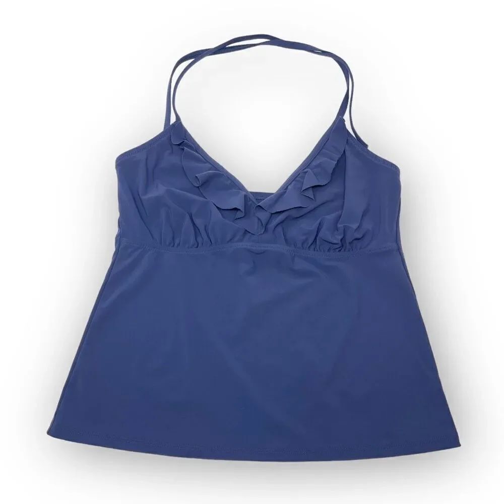Lands’ End Swim Tankini Top Blue Halter Solid Ruffled Trim Women’s Size 8